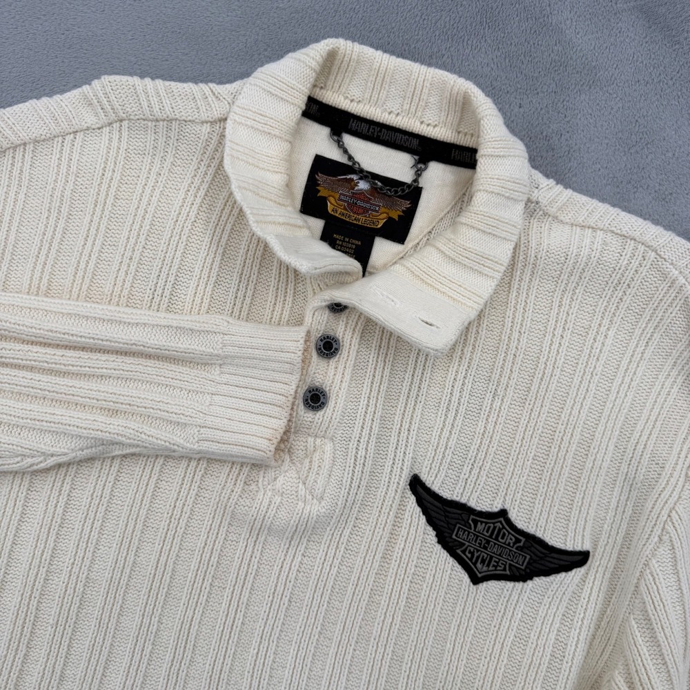 Harley-Davidson‎ Ribbed Henley Sweater Cream Winged Ramie Cotton Women's L